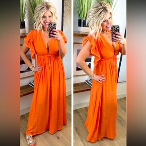 Orange Woven Deep V Neck Front And back dress! NEW